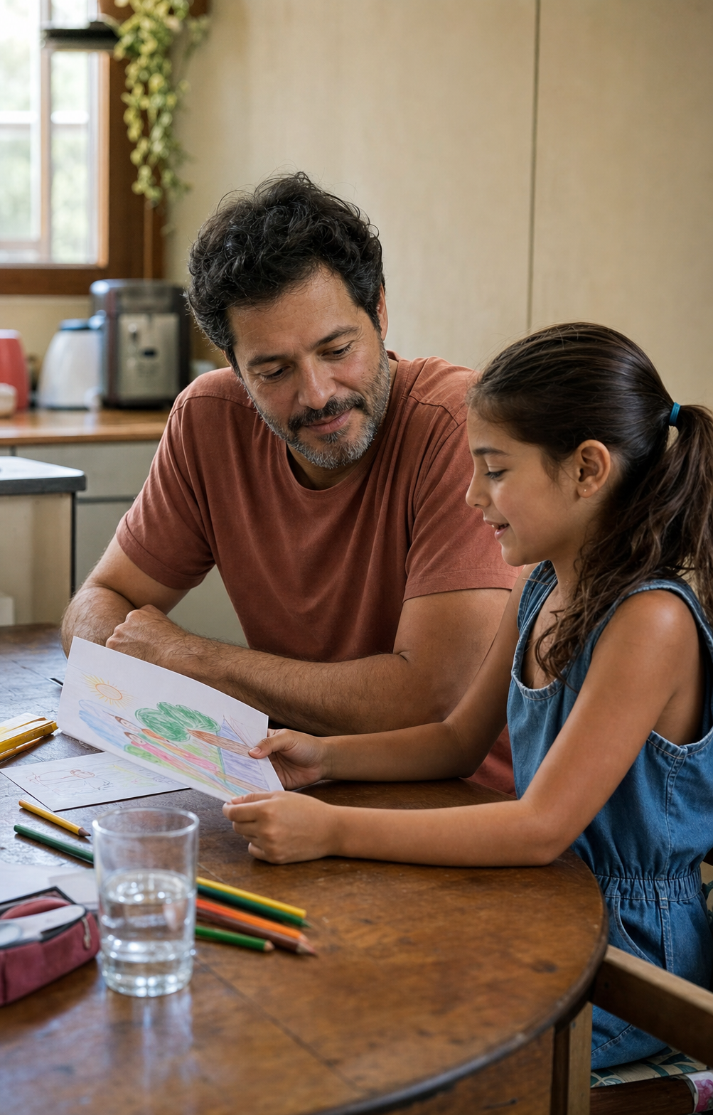 Pai ouvindo a filha mostrar um desenho na mesa da cozinha