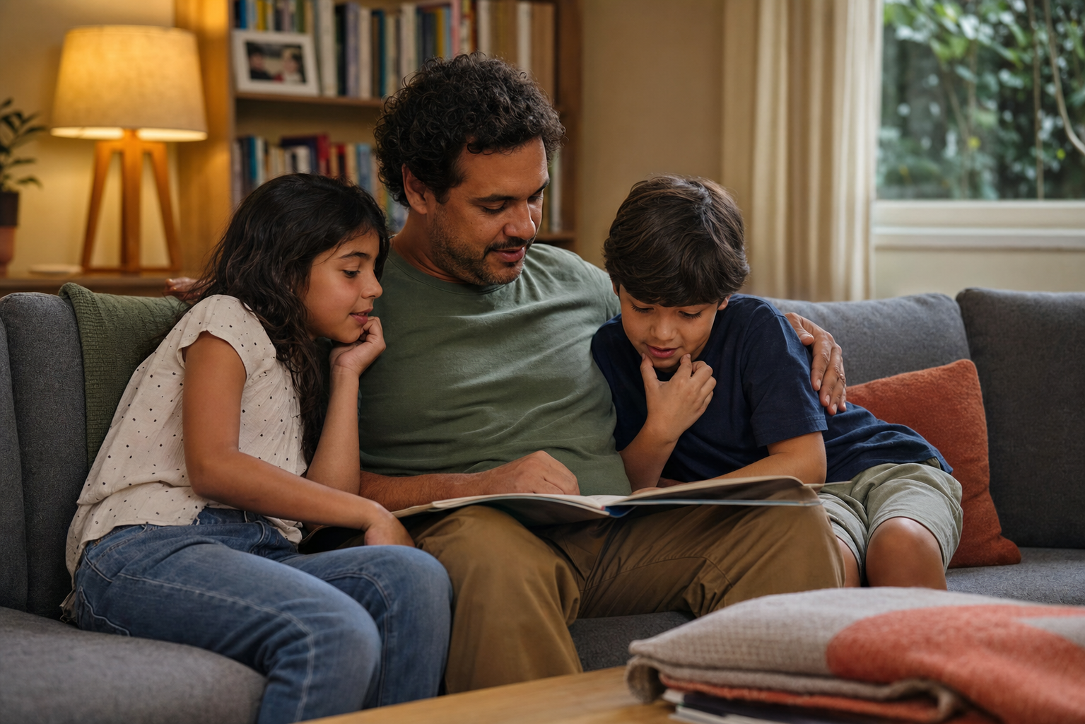 Pai lendo e conversando com os dois filhos no sofá